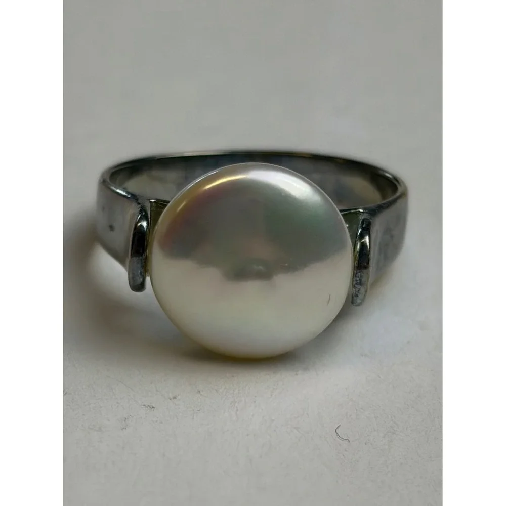 LUC Pearl Ring Sz 8.5 Silver 925 Sterling Iridescent Modernist Solitaire Lucoral